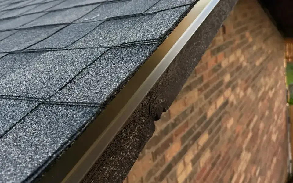 Metal drip edge along the eave of a new shingle roof